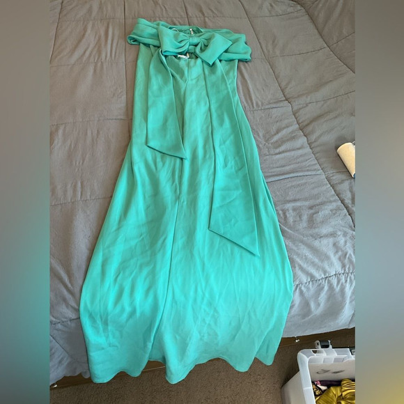 Tadashi Shoji One-Shoulder Teal Blue Crepe Bow Shoulder Column Gown Size 10 - Picture 6 of 6